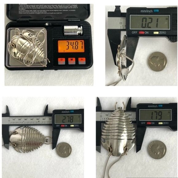 Sterling Silver 925 14K Yellow Gold Manta Ray Trilobite Pendant Necklace 25" - Picture 10 of 16